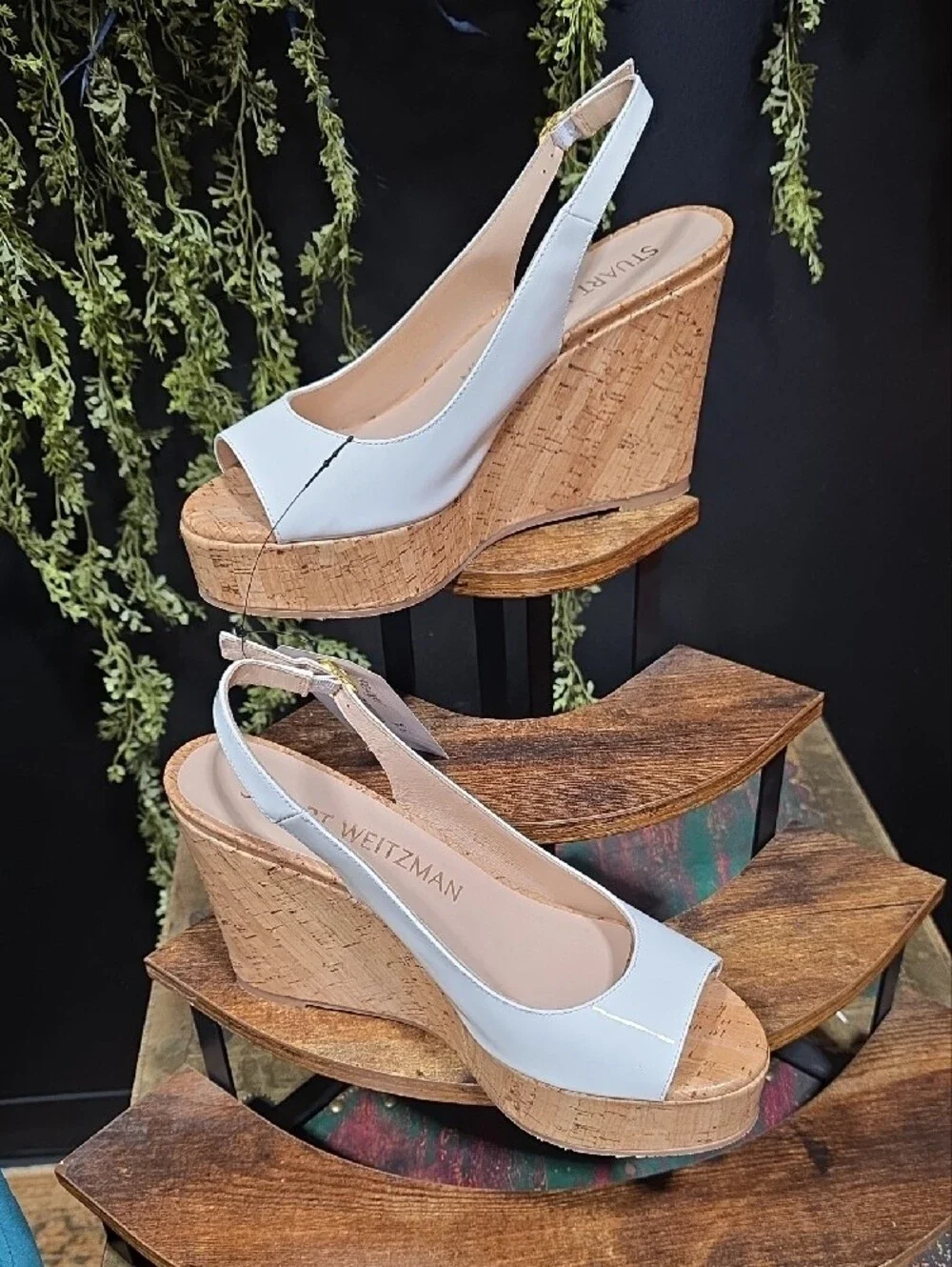Stuart Weitzman White Cork Wedge Slingback Sandals